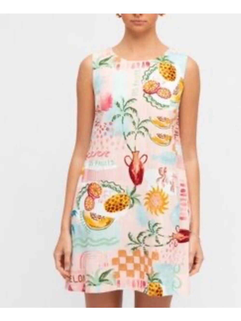 Paper Heart Linen Blend Mini Dress XL Pink Tropical Fruit Beachy Coastal Resort